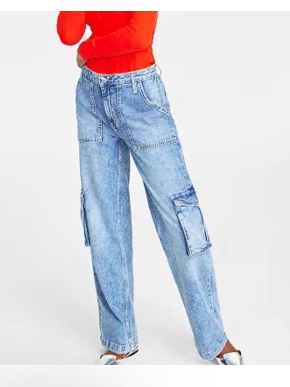 On 34th Women's Wide Leg High Rise Utility Cargo Jeans Light Wash